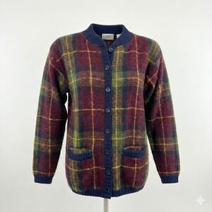 Vtg Koret Plaid Cardigan Sweater S Red Green Tartan Button Front Grandma Core